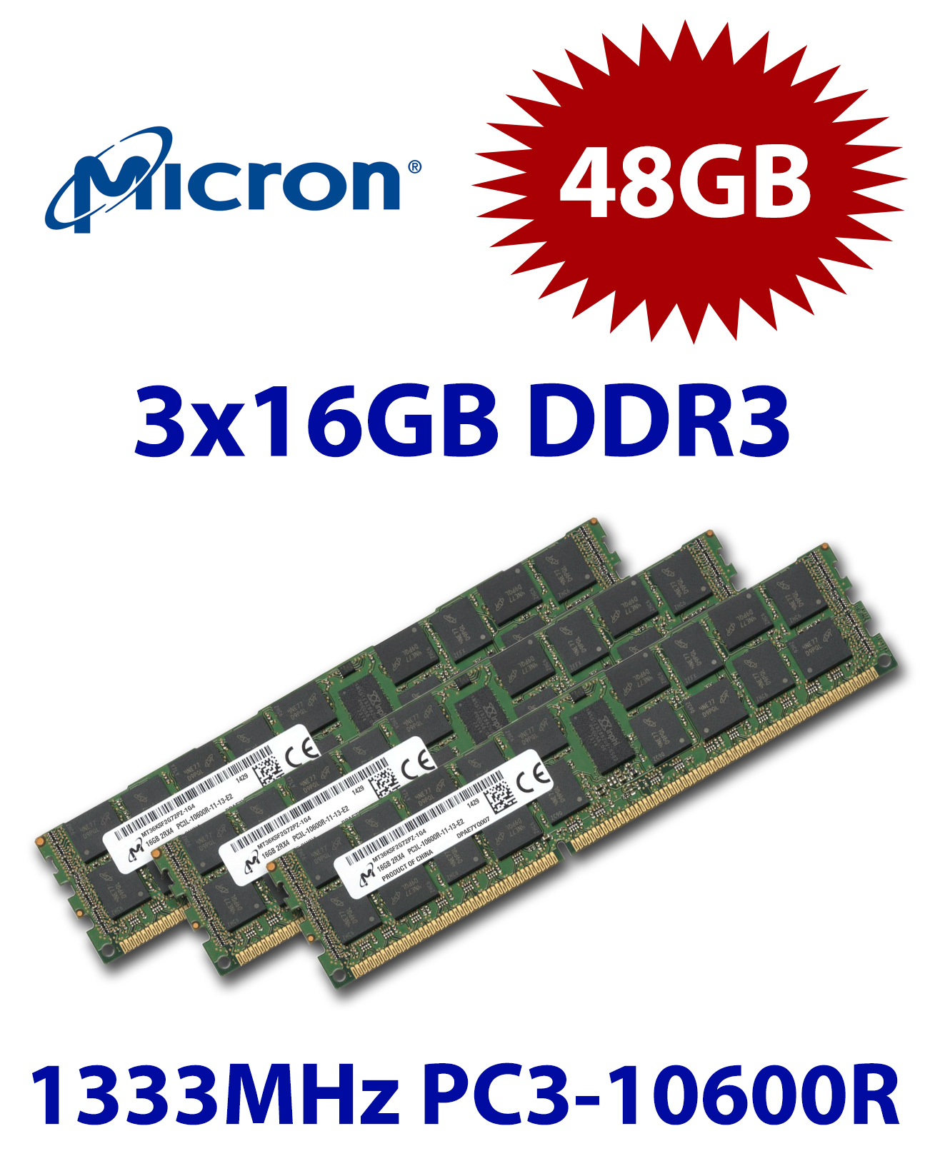 3x 16GB = 48GB KIT DDR3 RAM 1333Mhz PC3-10600R ECC REG DIMM, gebraucht
