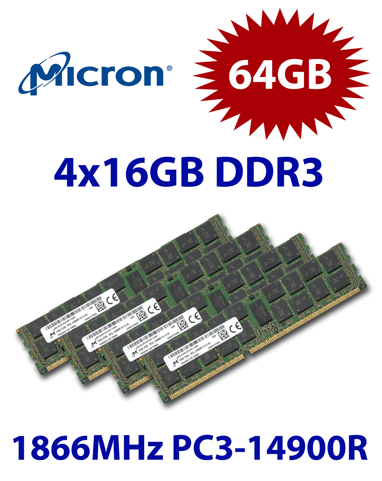 4x 16GB = 64GB KIT DDR3 RAM 1866Mhz PC3-14900R ECC REG DIMM
