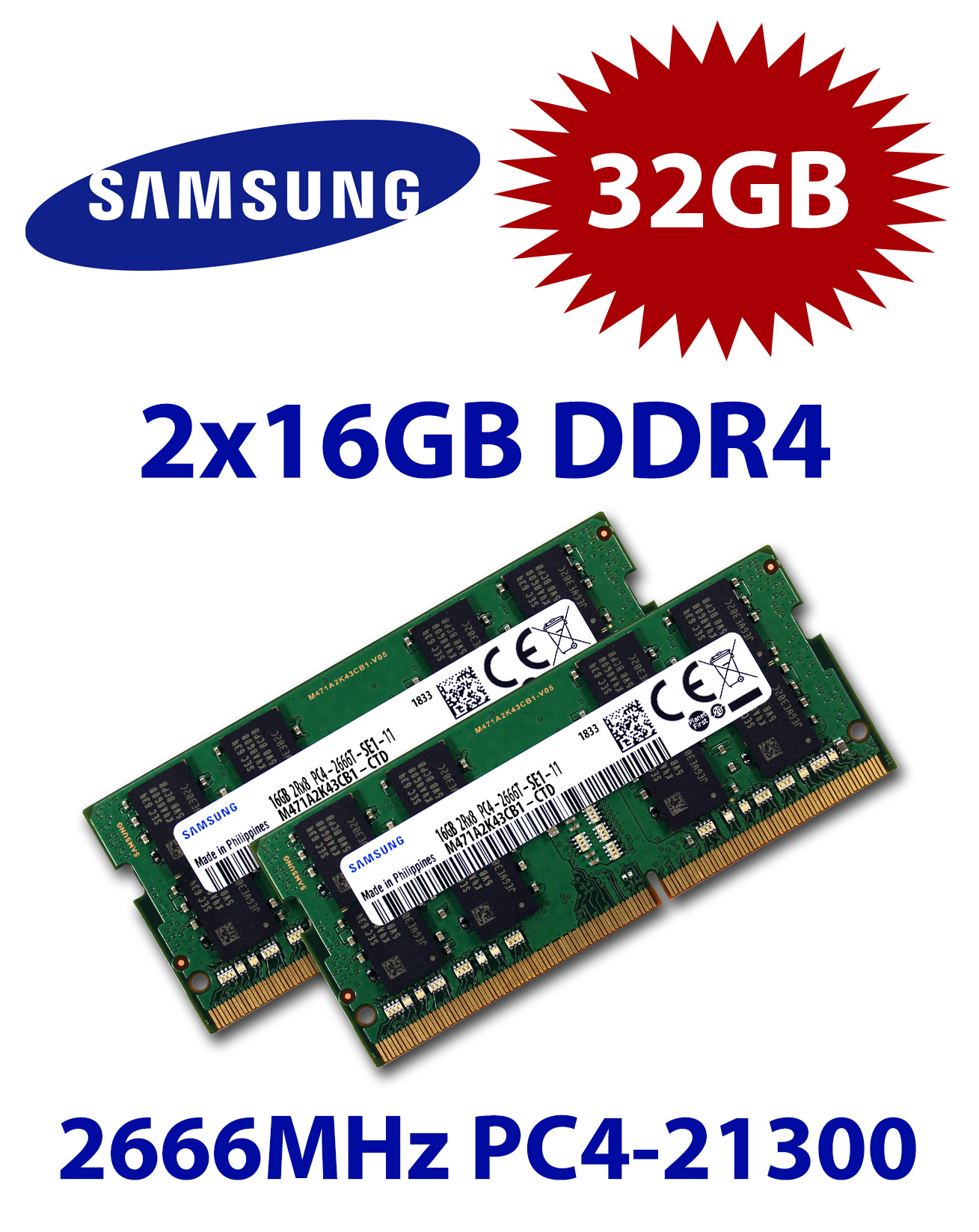 2x 16GB = 32GB KIT DDR4 RAM PC4-21300 2666MHz SO-DIMM